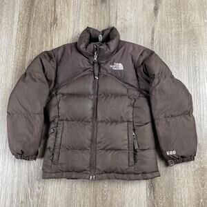 Y2K The North Face Duck Down Nuptse Puffer Jacket Youth Girls XS Brown 600 Fill